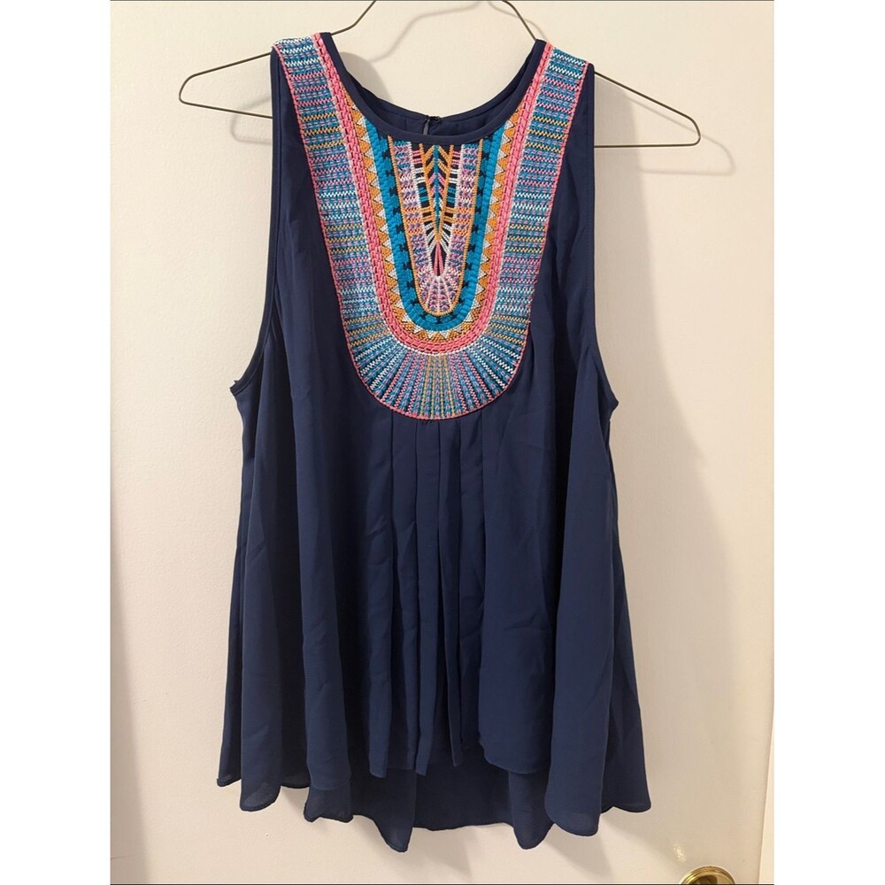 Anthropologie Ranna Gill Navy Atoll Tank with Multicolor Embroidered Yoke